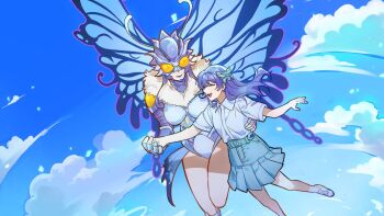 2girls blue_hair breasts bug butterfly butterfly_wings closed_eyes cloud cloudy_sky digimon digimon_(creature) digimon_story:_cyber_sleuth digimon_story:_cyber_sleuth_hacker's_memory digitalicluv eyewear_on_head flying fur_trim happy helmet hudiemon insect insect_wings large_breasts leotard lipstick long_hair makeup multiple_girls purple_eyes school_uniform sidelocks skirt sky thick_thighs thighhighs thighs wings
