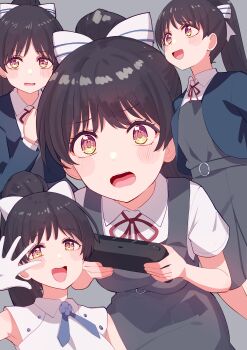 1girl absurdres birthday black_hair breasts commentary controller cream_(nipakupa) game_controller gloves grey_background hair_ribbon hazuki_ren high_ponytail highres holding holding_controller holding_game_controller long_hair looking_at_viewer love_live! love_live!_superstar!! medium_breasts multiple_views playing_games ponytail ribbon school_uniform upper_body white_gloves wish_song_(love_live!) yellow_eyes yuigaoka_school_uniform