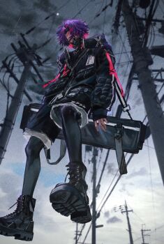 1boy ^_^ alternate_costume bag black_bag black_boots black_jacket black_pantyhose black_shirt black_shorts blurry blurry_background boots closed_eyes cloud colored_inner_hair cyberpunk duffel_bag floating from_below full_moon gas_mask highres hood hood_down jacket male_focus mask moon multicolored_hair nijisanji outdoors overcast pantyhose pantyhose_under_shorts parted_bangs pink_hair power_lines purple_hair rain shirt short_hair shorts sitting sky sleeves_past_wrists solo static two-tone_hair umirou utility_pole virtual_youtuber watarai_hibari watarai_hibari_(3rd_costume)