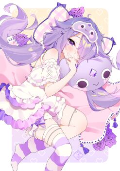 1girl absurdres asymmetrical_legwear chemise commentary detached_sleeves english_commentary grin hair_over_one_eye hayate_fish head_on_pillow highres hololive hololive_english jewelry koseki_bijou koseki_bijou_(pebble_pajamas) long_bangs long_hair looking_at_viewer low_twintails lying mask mask_on_head no_shoes official_alternate_costume on_side pebble pillow puffy_detached_sleeves puffy_short_sleeves puffy_sleeves purple_eyes purple_hair purple_socks purple_thighhighs short_shorts short_sleeves shorts sleep_mask smile socks solo striped_clothes striped_socks striped_thighhighs thighhighs thighlet twintails uneven_legwear very_long_hair virtual_youtuber white_chemise white_shorts white_socks white_thighhighs