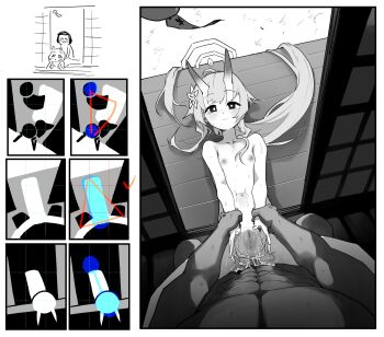1boy 1girl anal asahina_yoshitoshi blue_archive blush chise_(blue_archive) closed_mouth cum cum_in_ass cum_overflow flat_chest halo hetero highres holding_another's_wrist horns long_hair looking_at_viewer lying missionary nipples nude on_back penis pussy sex skin-covered_horns smile stomach_bulge uncensored