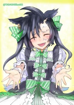 1girl air_shakur_(umamusume) alternate_costume anger_vein animal_ear_fluff animal_ears black_dress black_hair blush bow bowtie closed_eyes commentary_request dress earrings enmaided false_smile green_bow green_bowtie hair_between_eyes hair_bow highres horse_ears horse_girl jewelry long_hair maid open_mouth reaching reaching_towards_viewer sharp_teeth shirt sinzan smile solo teeth twintails umamusume upper_body white_shirt yellow_background
