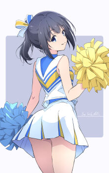 1girl ass_peek black_hair cheerleader closed_mouth commentary_request dated from_behind grey_background highres holding holding_pom_poms looking_at_viewer looking_back monai-chan_(nii_manabu) nii_manabu original pom_pom_(cheerleading) pom_poms ponytail shirt signature skirt sleeveless sleeveless_shirt smile solo standing thighs two-tone_background white_skirt