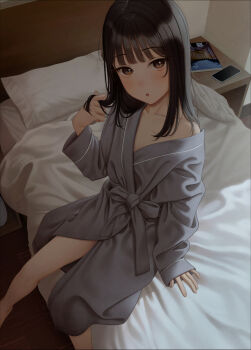 1girl bathrobe black_hair book breasts cellphone commentary_request from_above highres long_sleeves medium_hair on_bed original paid_reward_available phone shadow sitting small_breasts smartphone solo variant_set yukishima_momo