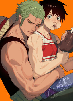 Rule 34 | 2boys, biceps, black eyes, black hair, black tank top, boned meat, chewing, couple, crezz (infj crezz), dark-skinned male, dark skin, earrings, eating, facial scar, food, food in mouth, green eyes, green hair, hat, hat on back, head on another's back, jewelry, looking at viewer, male focus, meat, monkey d. luffy, multiple boys, muscular, muscular male, one eye closed, one piece, orange background, puffy cheeks, roronoa zoro, scar, scar across eye, scar on cheek, scar on face, short hair, sideburns, simple background, single earring, sitting, sitting on lap, sitting on person, straw hat, tank top, toned, toned male, upper body, yaoi