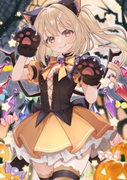 1girl :p alternate_costume animal_ear_fluff animal_ear_hairband animal_ears animal_hands back_bow bare_tree bat_(animal) bell black_bow black_shirt blurry blurry_background bow bowtie breasts candy cat_ear_hairband cat_ears closed_mouth commentary cowboy_shot crystal_wings english_commentary fake_animal_ears flandre_scarlet food frilled_sleeves frills gloves hairband halloween halloween_costume haruki_(colorful_macaron) jack-o&#039;-lantern jingle_bell light_blush light_particles long_hair looking_at_viewer multicolored_wings neck_bell orange_bow orange_bowtie orange_skirt paw_gloves paw_pose petticoat puffy_short_sleeves puffy_sleeves red_eyes shirt short_sleeves side_ponytail silk skirt small_breasts smile solo spider_web standing star_(symbol) tongue tongue_out touhou tree twitter_username wings