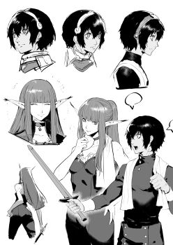 1boy 1girl absurdres black_choker black_shirt blank_speech_bubble choker closed_eyes closed_mouth coat drying frills from_behind from_side greyscale hand_on_own_hip headband highres hime_cut holding holding_sword holding_weapon hulkenberg_(metaphor:_refantazio) long_hair looking_at_another looking_to_the_side metaphor:_refantazio monochrome multiple_views overcoat peperon_(peperou) pointy_ears protagonist_(metaphor:_refantazio) shirt smile speech_bubble sweat sweater sword tall_female tan towel towel_around_neck turtleneck turtleneck_sweater weapon