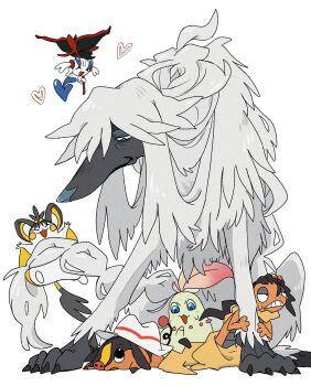 Rule 34 | 2boys, 3girls, ^ ^, animalization, black flower, blue eyes, body fur, brown hair, chikorita, closed eyes, clothed pokemon, dog, emolga, floette, floette (eternal), flower, furfrou, gen 2 pokemon, gen 5 pokemon, gen 6 pokemon, half-closed eyes, hat, heart, highres, holding, holding flower, mellowmellow666, multiple boys, multiple girls, nintendo, no humans, open mouth, pig, pokemon, pokemon (creature), pokemon focus, scrafty, smile, sweatdrop, tepig, topknot, white fur, white hat