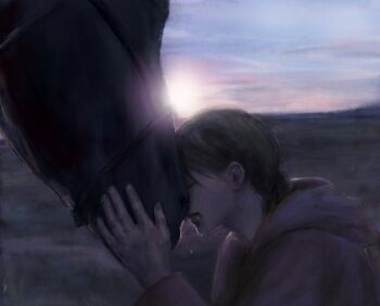 Rule 34 | 1girl, animal, blonde hair, capelet, chi.: chikyuu no undou ni tsuite, closed eyes, closed mouth, commentary request, crying, from side, highres, hood, hood down, horse, jolenta, k05062688, pink capelet, short hair, sky, solo, sunrise, tears, upper body