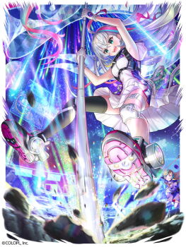 Rule 34 | 2girls, ahoge, aqua eyes, aqua hair, character request, convenient leg, from behind, grey hair, harness, holding, holding polearm, holding weapon, holographic interface, hood, hoodie, jumping, kiba tori, knee guards, light rays, long hair, mahou tsukai to kuroneko no wiz, multicolored hair, multiple girls, official art, open mouth, pink hair, polearm, shirt, shoes, single thighhigh, skirt, sky, sleeveless, sleeveless shirt, sneakers, solo focus, star (sky), starry sky, streaked hair, tesura, thighhighs, weapon, white skirt
