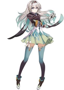 Rule 34 | 1girl, absurdres, black hairband, black jacket, black shirt, blue eyes, danndaff, firefly (honkai: star rail), full body, green skirt, grey hair, hairband, henshin pose, highres, holding, honkai: star rail, honkai (series), jacket, long hair, multicolored eyes, purple eyes, shirt, simple background, skirt, two-tone eyes, white background, white jacket