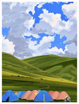absurdres artist_name blue_sky border cloud cloudy_sky commentary day english_commentary fangpeii highres hill landscape meadow nature no_humans original outdoors scenery signature sky tent white_border