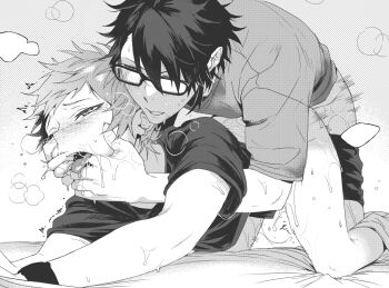 2boys black-framed_eyewear blush finger_in_another&#039;s_mouth fushimi_saruhiko glasses greyscale highres k-project male_focus male_underwear male_underwear_pull monochrome multiple_boys puff_of_air rectangular_eyewear saliva screentones sex sex_from_behind shirt short_hair tongue tongue_out treslech3s underwear watch wristwatch yata_misaki