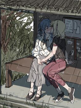 2girls aficksuna bang_dream! bang_dream!_it's_mygo!!!!! black_shirt black_shoes blonde_hair blue_hair blush commentary_request grass grey_skirt highres holding_hands kiss long_sleeves looking_at_another medium_hair misumi_uika multiple_girls outdoors pants rain red_pants shirt shoes short_sleeves skirt togawa_sakiko two_side_up white_shirt yuri