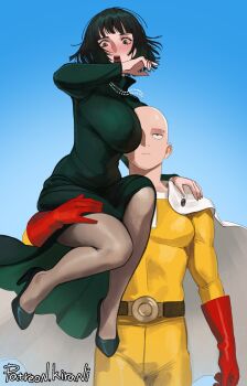 1boy 1girl blue_sky bodysuit breasts cape carrying carrying_person day dress fubuki_(one-punch_man) gloves green_dress green_eyes green_hair grey_pantyhose high_heels highres jewelry kirani large_breasts medium_hair necklace one-punch_man outdoors pantyhose pearl_necklace red_gloves saitama_(one-punch_man) sky superhero_costume white_cape yellow_bodysuit