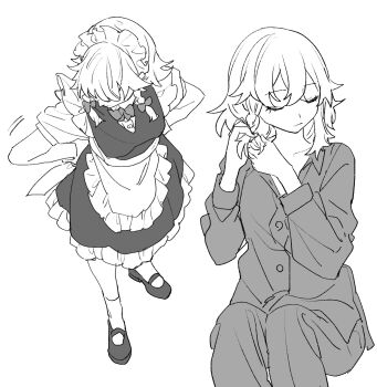 Rule 34 | 1girl, alternate costume, apron, bow, braid, breasts, closed eyes, closed mouth, collared shirt, commentary request, dress, greyscale, hair bow, highres, izayoi sakuya, long hair, maid, maid headdress, mary janes, mero (starfish jcs), monochrome, multiple views, pajamas, pants, puffy short sleeves, puffy sleeves, shirt, shoes, short sleeves, socks, touhou, twin braids, tying hair, waist apron