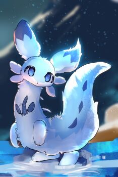 Rule 34 | blue eyes, blue fur, chillet, cylouspy, highres, looking at viewer, night, no humans, outdoors, pal (creature), palworld, solo, standing, tail