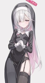 1girl absurdres black_dress black_panties black_thighhighs blue_archive blush breasts closed_mouth clothing_cutout cowboy_shot dress garter_belt gloves grey_eyes grey_hair hair_between_eyes halo heart heart-shaped_pupils highres hip_vent long_hair long_sleeves loyo nun panties pink_halo plana_(blue_archive) simple_background small_breasts solo standing symbol-shaped_pupils thighhighs underwear very_long_hair white_background white_gloves