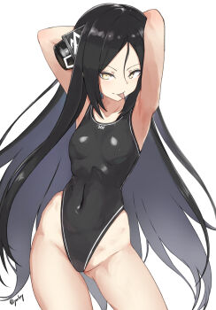 1girl alternate_costume armpits arms_behind_head black_hair black_one-piece_swimsuit breasts commentary_request covered_navel dreamer_(girls'_frontline) girls'_frontline highleg highleg_one-piece_swimsuit highres long_hair looking_at_viewer one-piece_swimsuit sangvis_ferri small_breasts smile solo swimsuit tongue tongue_out white_background yellow_eyes zafuri_(yzrnegy)