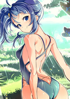 1girl ass backless_swimsuit blue_eyes blue_hair blue_one-piece_swimsuit bow breasts closed_mouth commentary_request cowboy_shot cut_bangs day from_behind grass hair_bow hamuhamu hirogaru_sky!_precure looking_at_viewer looking_back meadow medium_hair one-piece_swimsuit outdoors partial_commentary precure side_ponytail single_sidelock small_breasts smile solo sora_harewataru sparkle standing swimsuit yellow_bow