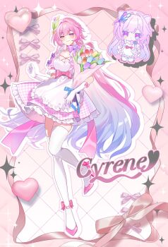 1girl absurdres alternate_costume apron blue_hair bouquet bow breasts character_name chibi cleavage closed_mouth cyrene_(honkai:_star_rail) cyrene_(ripples_of_past_reverie)_(honkai:_star_rail) dress flower full_body glove_bow gloves high_heels highres honkai:_star_rail honkai_(series) jtsl0 long_hair looking_at_viewer multicolored_hair pink_bow pink_hair pink_shoes pointy_ears purple_eyes shoes short_sleeves smile standing standing_on_one_leg thighhighs very_long_hair white_apron white_gloves white_thighhighs zettai_ryouiki