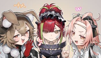 3girls absurdres ahoge animal_ear_fluff animal_ears arknights bandaid bandaid_on_face bare_shoulders blue_nails blush brown_background brown_eyes caper_(arknights) commentary_request dress earrings ears_through_hood fang feather_earrings feathers gloves green_hair highres hood hood_up jewelry landl laughing looking_at_viewer multicolored_hair multiple_girls off-shoulder_dress off_shoulder open_mouth orange_eyes pink_hair pointing pointing_at_viewer pointy_ears pom_pom_(clothes) rabbit_ears rabbit_girl red_eyes red_gloves red_hair rose_salt_(arknights) shirt streaked_hair tecno_(arknights) teeth upper_teeth_only white_shirt