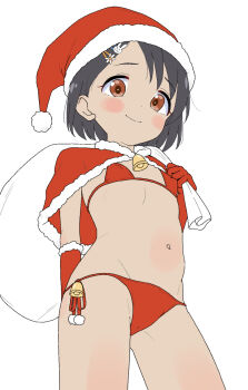 1girl bikini christmas closed_mouth commentary_request flat_chest hat highres idolmaster idolmaster_cinderella_girls loli looking_at_viewer micro_bikini red_bikini santa_bikini santa_costume santa_hat sasaki_chie smile solo swimsuit takku