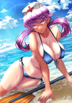1girl bare_shoulders beach bikini blue_bikini blue_eyes blue_sky blush breasts cleavage cloud collarbone commentary_request commission cowboy_shot day front-tie_bikini_top front-tie_top groin hair_rings hat highres joy_(pokemon) large_breasts lens_flare long_hair looking_at_viewer navel nintendo nurse_cap oar ocean outdoors parted_lips pink_hair pixiv_commission pokemon pokemon_(anime) shadow side-tie_bikini_bottom sidelocks signature sitting sky solo stomach swimsuit takecha tan tanline yokozuwari