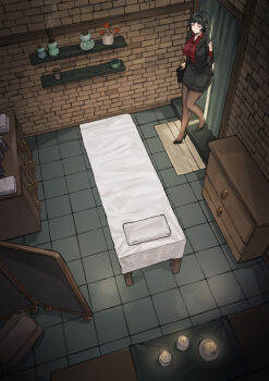 1girl animal_ears black_hair black_pantyhose black_shoes black_skirt fixed-point_camera frozen_spider_lily high_heels highres indoors jane_doe_(zenless_zone_zero) long_hair massage_table mouse_ears mouse_girl paid_reward_available pantyhose pencil_skirt red_shirt shirt shoes skirt solo tile_floor tiles zenless_zone_zero