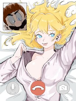 1boy 1girl absurdres bed_sheet blonde_hair blue_eyes blush breasts brown_hair cleavage closed_mouth collarbone facial_hair fake_phone_screenshot fake_screenshot hair_spread_out highres large_breasts lips long_hair looking_at_viewer lying mario mario_(series) mustache nintendo on_back princess_peach shirt smile teasing upper_body user_interface video_call white_shirt