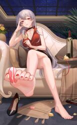 1girl alcohol animated barefoot between_toes bottle crazy_ones crossed_legs cup drinking_glass feet food grey_hair highres long_hair looking_at_viewer macaron parted_lips red_eyes shoes sitting soles sweets toes unworn_shoes video wine wine_bottle wine_glass