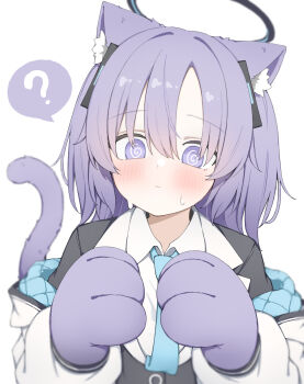 Rule 34 | 1girl, ?, @ @, animal ear fluff, animal ears, animal hands, black suit, blue archive, blue necktie, blush, cat ears, cat girl, cat tail, closed mouth, collared shirt, commentary request, formal clothes, gloves, hair between eyes, halo, hands up, highres, jacket, kemonomimi mode, long hair, long sleeves, looking at viewer, mechanical halo, necktie, off shoulder, paw gloves, purple eyes, purple hair, shirt, solo, spoken question mark, suit, sweatdrop, tail, upper body, white background, white jacket, white shirt, yuuka (blue archive), yuukun mk-ii