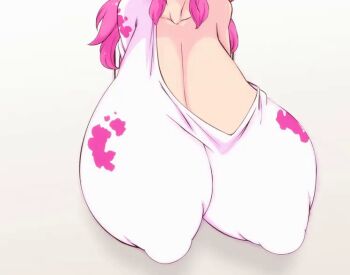 1girl animated animated_gif bouncing_breasts breast_focus breasts cat_girl cleavage covered_erect_nipples gigantic_breasts gradient_background hanging_breasts hataraki_ari head_out_of_frame huge_nipples jiggle long_hair looping_animation milkcat original pink_hair shadow simple_background single_bare_shoulder solo upper_body