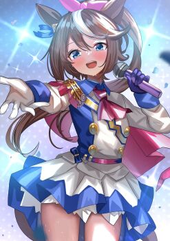 1girl absurdres ame_sagari animal_ears ascot asymmetrical_gloves blue_eyes blue_skirt blush bow brown_hair buttons cape cowboy_shot double-breasted ear_bow ear_ornament ear_ribbon epaulettes gloves hair_between_eyes high_ponytail highres holding holding_microphone horse_ears horse_girl horse_tail jacket long_hair long_sleeves looking_at_viewer microphone mismatched_gloves multicolored_hair multicolored_jacket open_mouth pink_ascot pink_cape ponytail purple_gloves shirt single_epaulette skirt smile solo spotlight streaked_hair sweat tail teeth tokai_teio_(peak_joy)_(umamusume) tokai_teio_(umamusume) two-tone_hair two-tone_jacket two-tone_skirt umamusume upper_teeth_only white_gloves white_hair white_jacket white_skirt