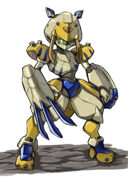 1boy arm_blade assault_visor character_request claw_(weapon) commentary_request full_body green-tinted_eyewear highres humanoid_robot male_focus medarot mota_saru robot simple_background solo standing tinted_eyewear weapon white_background