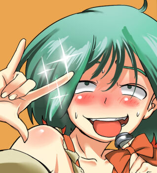Rule 34 | 00s, \m/, ahegao, ahoge, blush, close-up, drunk, green eyes, green hair, macross, macross frontier, meme, microphone, open mouth, ranka lee, sparkle, sweat, tongue