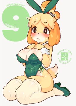 1girl animal_crossing blush breasts brown_eyes choker cleavage collar cuffs detached_collar dog furry furry_female hair_ornament hands_on_own_chest isabelle_(animal_crossing) large_breasts navel nintendo no_bra playboy_bunny pongldr rabbit_ears self-upload socks solo_focus sweat sweatdrop tail thighhighs thighs white_background white_socks