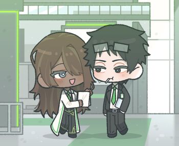1boy 1girl artist_self-insert averting_eyes black_hair black_jacket black_vest blue_eyes brown_hair chibi chibi_only cigarette clipboard coat collared_shirt commentary dark-skinned_female dark_skin english_commentary full_body green_eyes green_necktie hair_over_one_eye hand_on_another's_shoulder holding holding_clipboard jacket limbus_company long_hair looking_at_another necktie oc_x_canon open_mouth original pointing pointing_at_self project_moon samjo_(project_moon) samjoyume shirt short_hair sweatdrop upper_body vest walking white_coat white_shirt