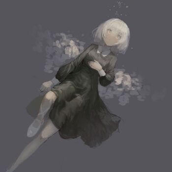 1girl black_background black_dress breasts chinese_commentary closed_mouth collared_dress commentary_request dark-skinned_female dark_skin dress expressionless hand_on_own_chest highres long_sleeves lying on_back original shoes short_hair small_breasts solo vihua6 white_eyes white_hair white_shoes