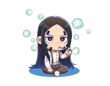 1boy black_hair blowing_bubbles brown_eyes brown_pants bubble chibi chibi_only commentary_request eyelashes foxvulpine full_body golden_kamuy long_hair long_sleeves looking_at_viewer male_focus oosawa_fusatarou pants shiraishi_yoshitake shirt simple_background socks solo suspenders very_long_hair white_background white_shirt white_socks