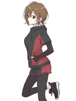 1girl brown_eyes brown_hair commentary_request hand_in_pocket hariikei hood hood_down hoodie layered_sleeves leggings_under_shorts long_sleeves looking_at_viewer meiko_(vocaloid) ponytail shoes short_hair short_over_long_sleeves short_ponytail short_sleeves shorts sleeves_past_wrists sneakers solo standing standing_on_one_leg vocaloid