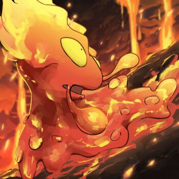 absurdres commentary_request embers full_body gen_2_pokemon highres lava looking_to_the_side nintendo no_humans open_mouth pokemon pokemon_(creature) pokemon_focus slugma solo spicyichizo