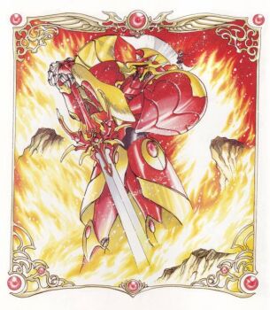 1990s_(style) 1girl armor clamp fire fox magic_knight_rayearth mashin mecha rayearth rayearth_(character) red_armor retro_artstyle robot shidou_hikaru size_difference sword weapon
