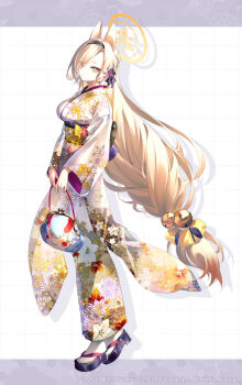 1girl absurdly_long_hair animal_ears bag black_sandals blue_archive chise_(blue_archive) closed_mouth floral_print fox_ears fox_girl full_body hair_ornament halo holding holding_bag japanese_clothes kaho_(blue_archive) kimono long_hair long_sleeves looking_at_viewer mole mole_under_eye official_art okobo platform_sandals print_kimono riichu sandals simple_background socks solo standing tabi very_long_hair white_socks wide_sleeves