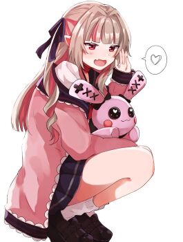 1girl black_shoes blue_ribbon blue_sailor_collar blue_skirt blush collar colored_inner_hair commentary debitto_(makaino_ririmu) drill_hair fang full_body grey_hair hair_intakes hair_over_shoulder hair_ribbon hand_up heart highres holding holding_stuffed_toy jacket long_hair looking_ahead loose_socks makaino_ririmu makaino_ririmu_(4th_costume) menudonmen miniskirt multicolored_hair neckerchief nijisanji off_shoulder open_clothes open_jacket open_mouth pink_hair pink_jacket pink_streaks platform_shoes pleated_skirt pointy_ears red_collar red_eyes red_neckerchief ribbon sailor_collar school_uniform serafuku shirt shoes sidelocks simple_background skin_fang skirt sleeves_past_wrists smile socks solo spoken_heart squatting streaked_hair stuffed_animal stuffed_rabbit stuffed_toy symbol-only_commentary two-tone_hair two_side_up virtual_youtuber whispering white_background white_shirt white_socks winged_shoes wings