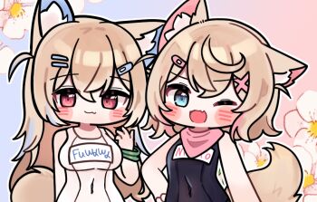 Rule 34 | 2girls, :3, ;d, animal ear fluff, animal ears, bandaid, bandaid hair ornament, blonde hair, blue background, blue eyes, blue streaks, blush stickers, breasts, chibi, chibi only, covered navel, crossed bangs, dog ears, dog girl, dog tail, double-parted bangs, fang, floral background, fuwawa abyssgard, gradient background, hair between eyes, hair ornament, hairclip, hololive, hololive english, large breasts, long hair, looking at viewer, mming (mmingis18), mococo abyssgard, multicolored hair, multiple girls, name tag, no hairband, old school swimsuit, one-piece swimsuit, one eye closed, open mouth, parallel hairclips, pink background, pink scarf, pink streaks, red eyes, scarf, school swimsuit, short hair, siblings, sisters, skin fang, small breasts, smile, streaked hair, swimsuit, tail, twins, two-tone background, two side up, upper body, virtual youtuber, white one-piece swimsuit, wristband, x hair ornament