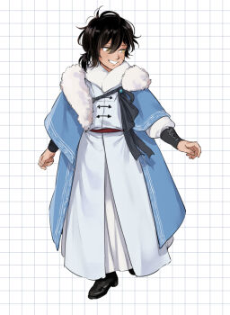 1boy ano_amesuke black_hair black_shoes blue_coat coat commentary_request full_body grin highres long_sleeves male_focus original puffy_long_sleeves puffy_sleeves robe shoes smile solo white_robe yellow_eyes