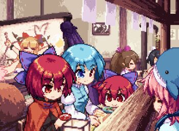 alcohol animated animated_gif blush eating embarrassed food futatsuiwa_mamizou happy himekaidou_hatate ibuki_suika isu_(is88) lowres okunoda_miyoi sake sekibanki shameimaru_aya surprised tagme tatara_kogasa touhou umbrella
