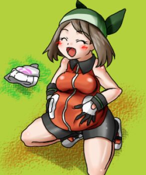 00s 1girl alternate_breast_size alternate_costume beanie blush breasts brown_hair closed_eyes female_focus hands_on_own_stomach hat inflation lowres may_(pokemon) may_(pokemon_emerald) medium_breasts nintendo pokemon pokemon_rse refuto smile solo vore