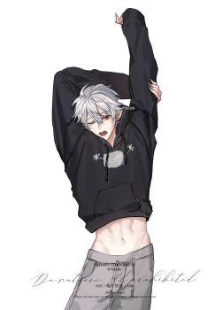 1boy arm_up black_hoodie commentary_request commission cowboy_shot grey_background grey_hair grey_pants hair_between_eyes highres hood hoodie kuzuha_(nijisanji) male_focus navel nijisanji open_mouth pants pointy_ears red_eyes short_hair simple_background sleepy solo stomach sweatpants twitter_username vamp_misaki virtual_youtuber